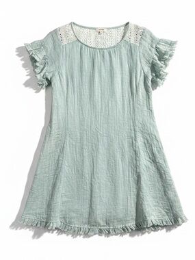 Umgee Short Sleeve Ruffle Frayed Crepe Dress in Frosty Mint Size Medium